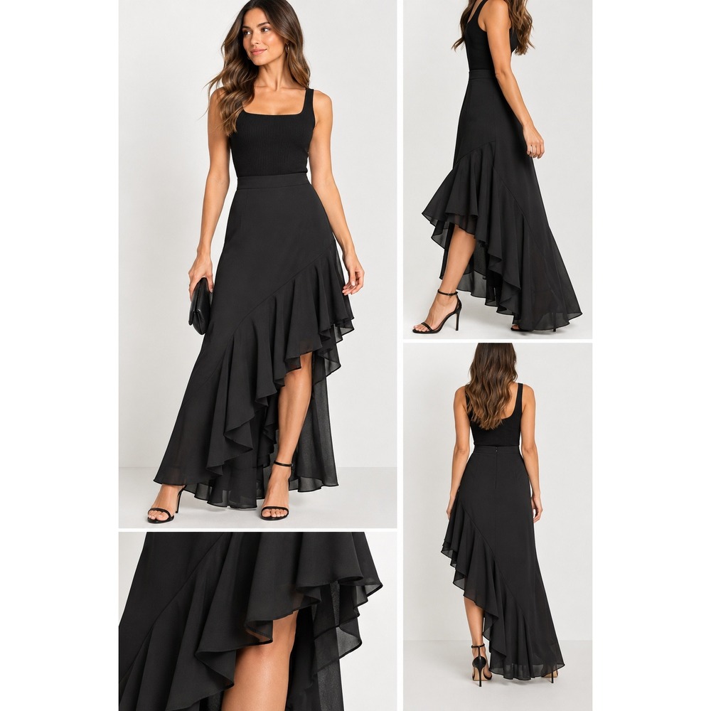 BCBGMAXAZRIA Black Asymmetrical Ruffle Midi Skirt Size Small